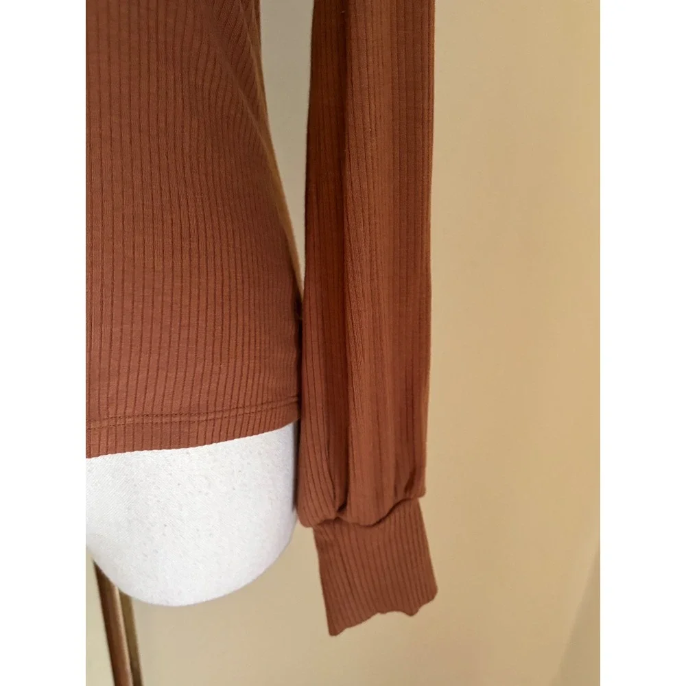 Reformation Jeans Brown Ribbed Puff Sleeve Scoop Neck Top XS Cinnamon Tencel
